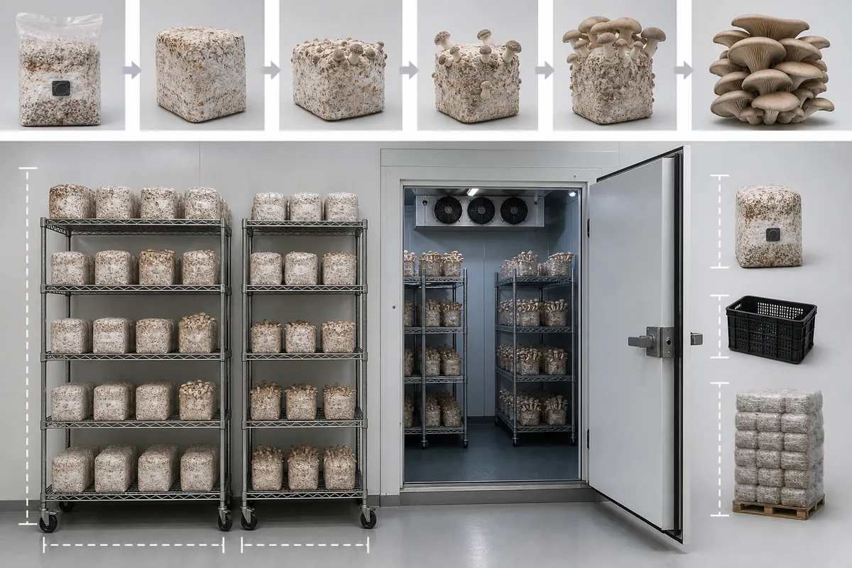 Weekly mushroom blocks flowing through rack capacity and peak cooler space in a measured diagram