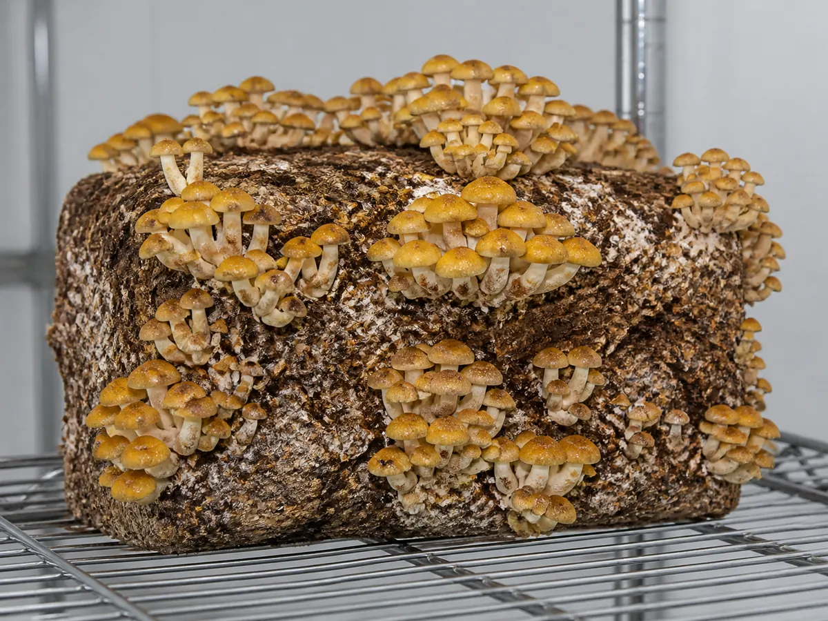 Whole Pholiota adiposa crop attached to its hardwood block