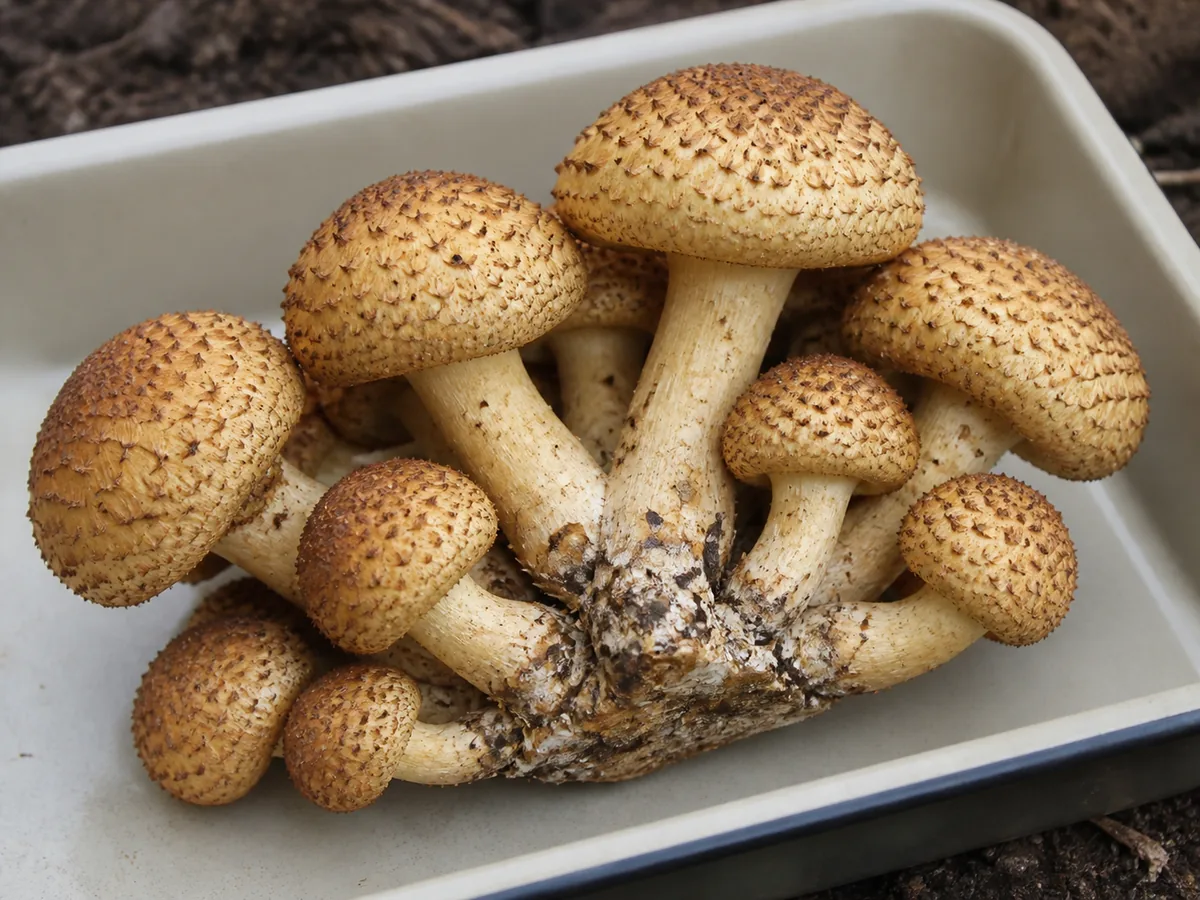 Fresh cohesive harvested cluster of scaled Pholiota adiposa