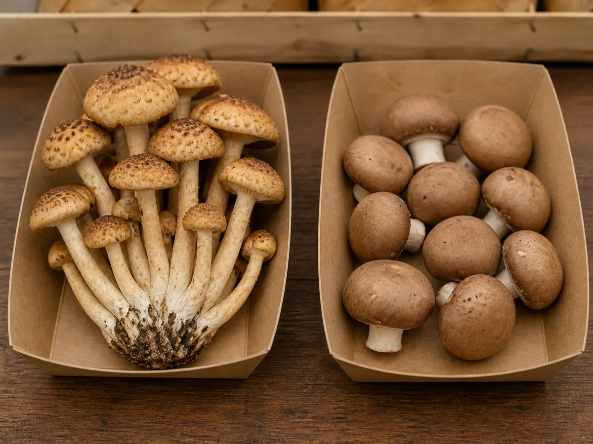 Scaled clustered Pholiota adiposa beside smooth button-form Agaricus bisporus