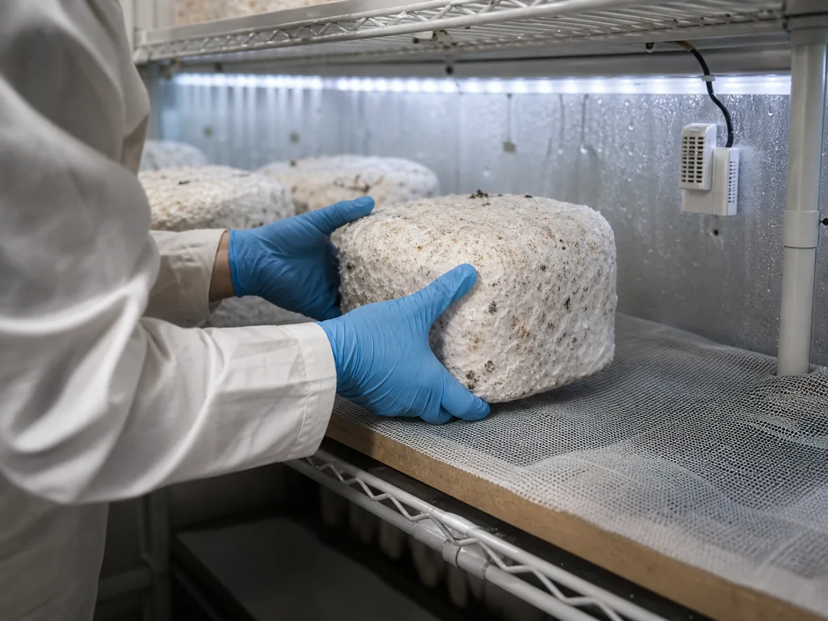 Colonized Pholiota adiposa block entering a measured fruiting shelf