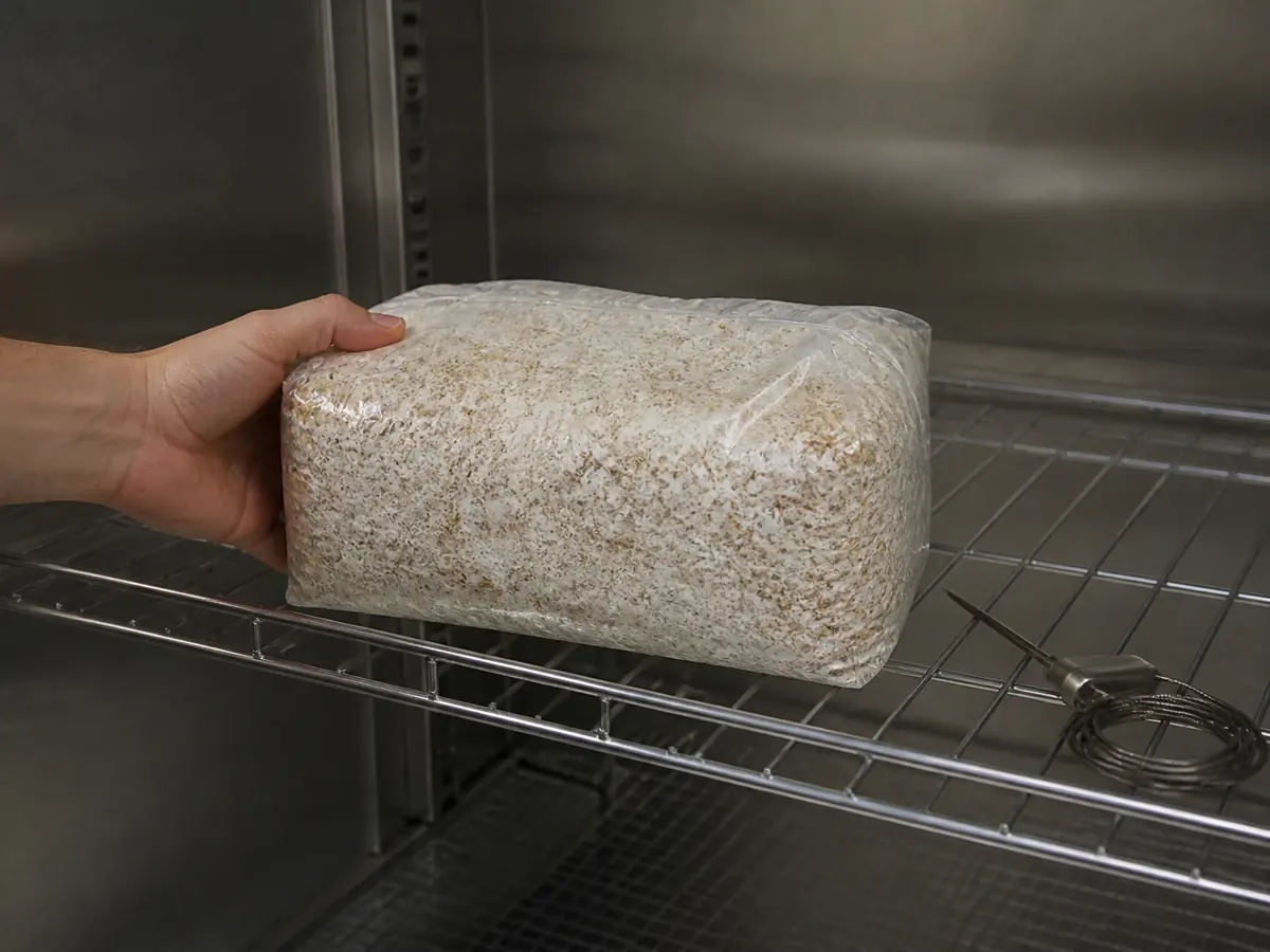 Sealed colonized Laetiporus block entering a measured cold chamber