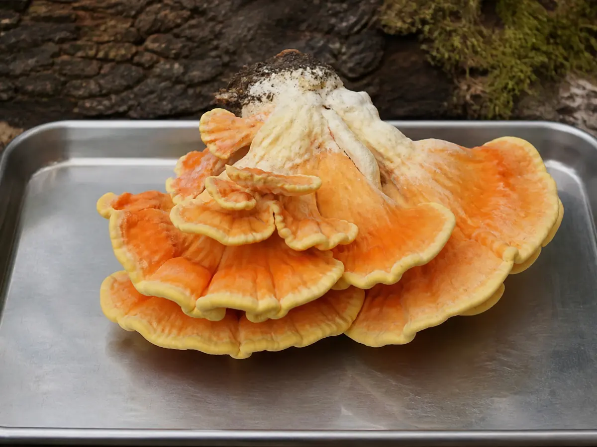Fresh cultivated chicken-of-the-woods cluster cut from its synthetic log