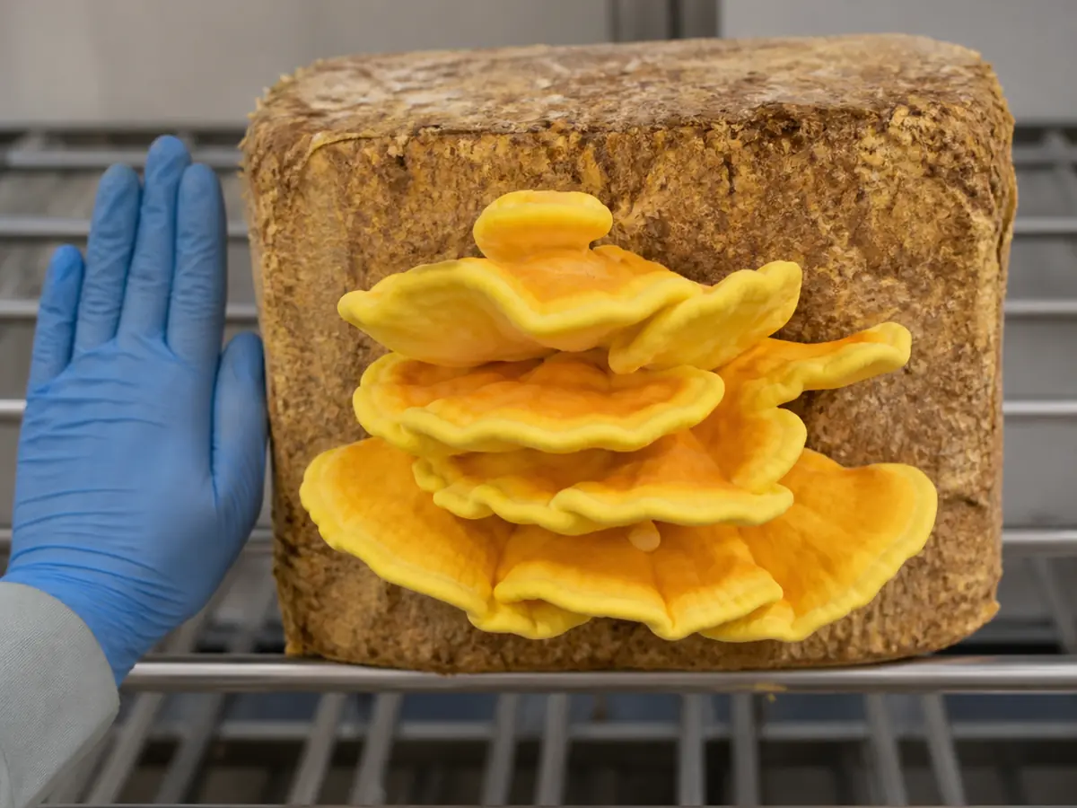 Developing cultivated chicken-of-the-woods shelves beside a gloved hand