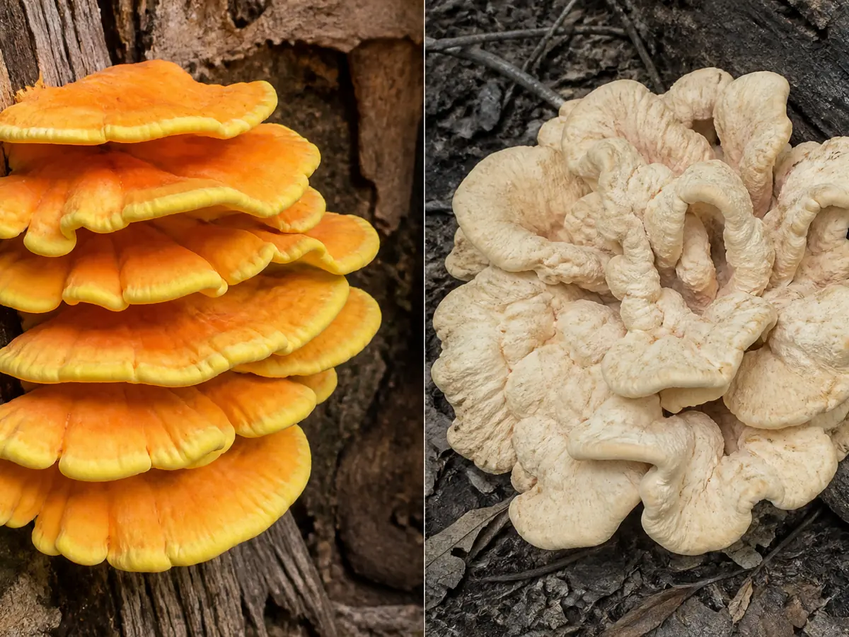 Cultivated Laetiporus sulphureus shelf beside a contrasting Laetiporus form