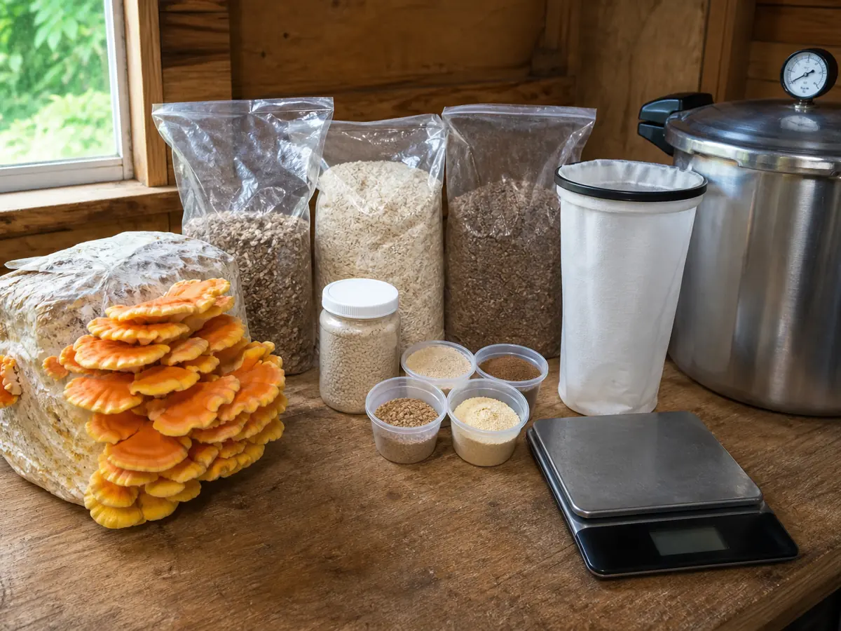 Chicken-of-the-woods block beside sawdust grades and sterile production equipment