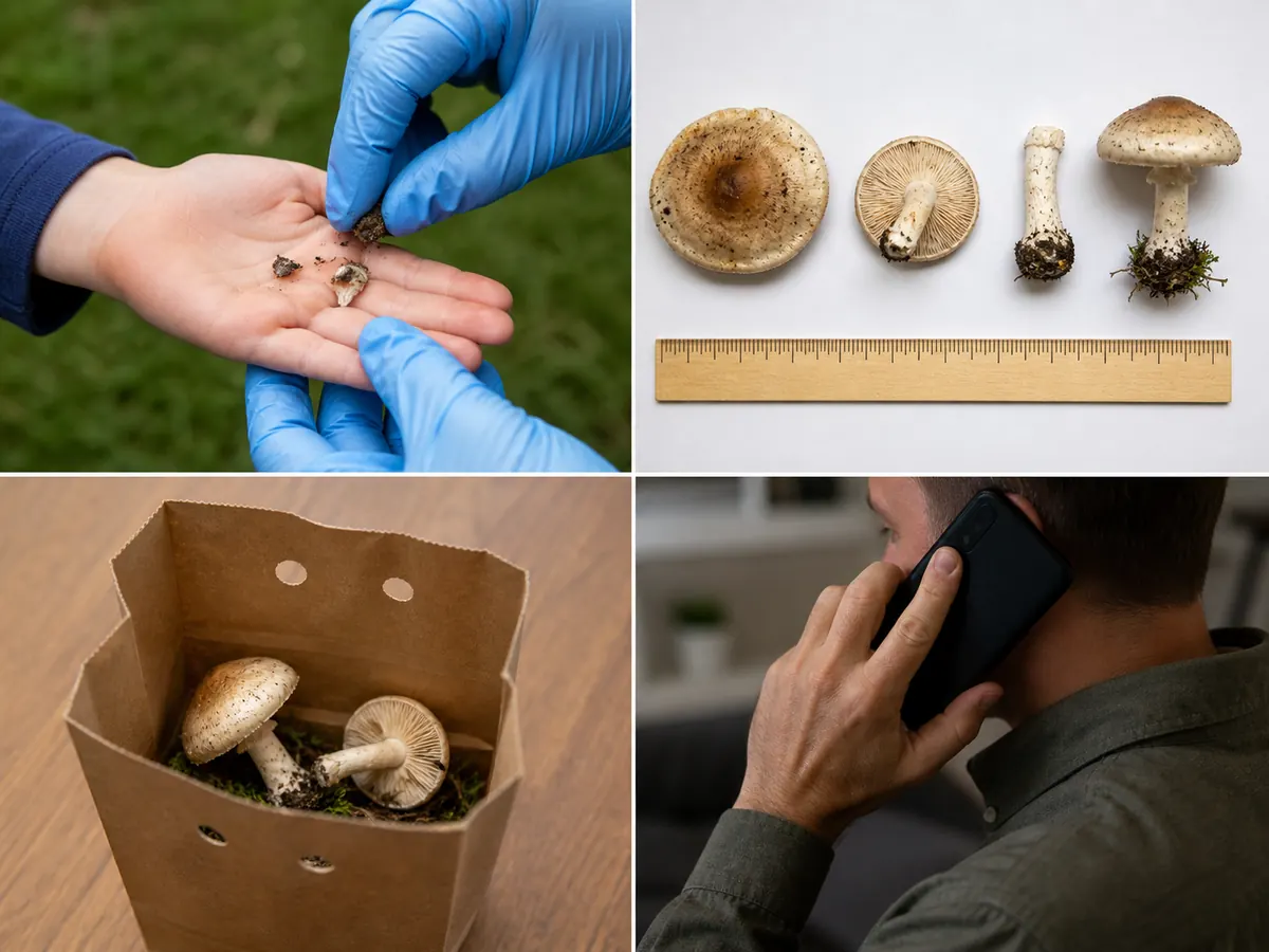 Evidence layout with a whole unknown lawn mushroom, intact base, cap underside, ruler, paper bag, and habitat photograph
