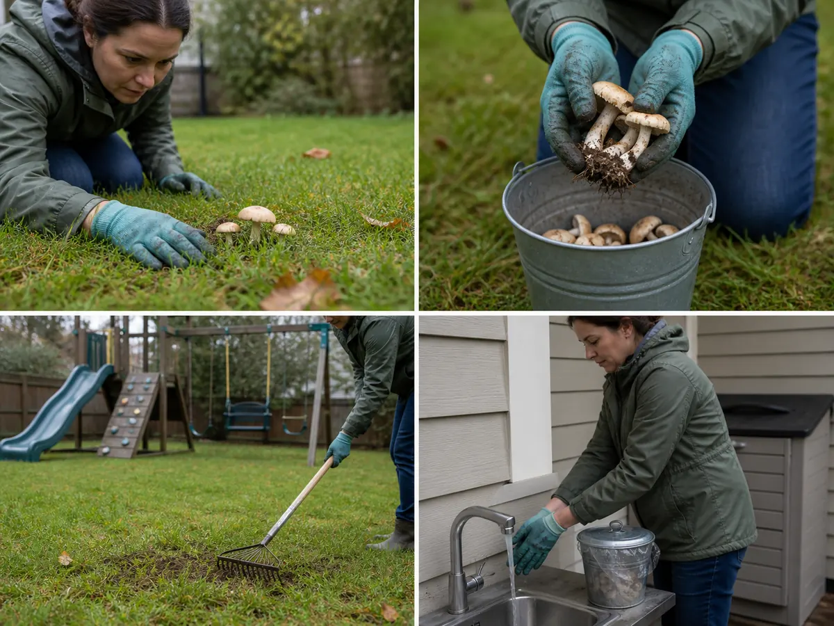 Four-stage yard routine showing an adult scanning wet grass, lifting intact mushrooms, bagging them, and rechecking a fenced play area