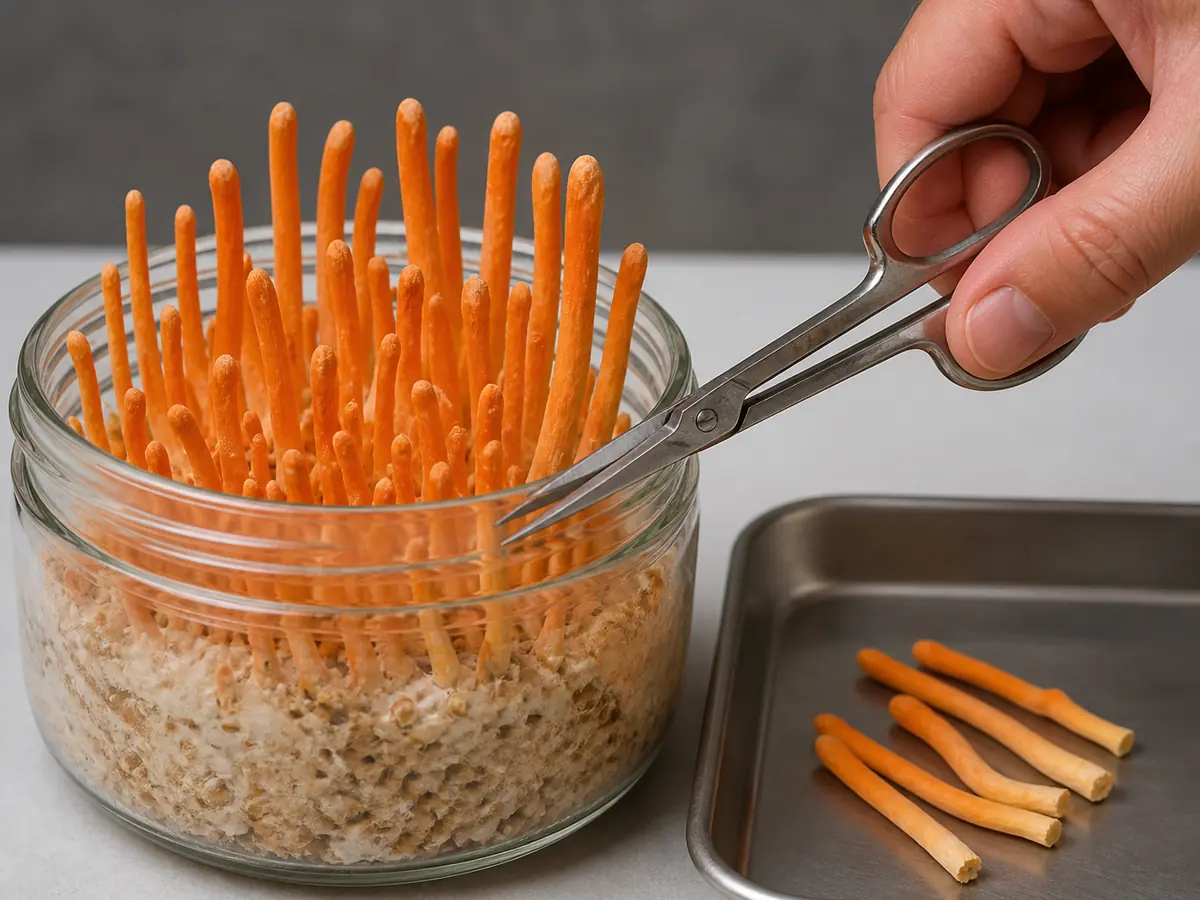 Mature orange Cordyceps militaris stromata ready to cut from a rice jar