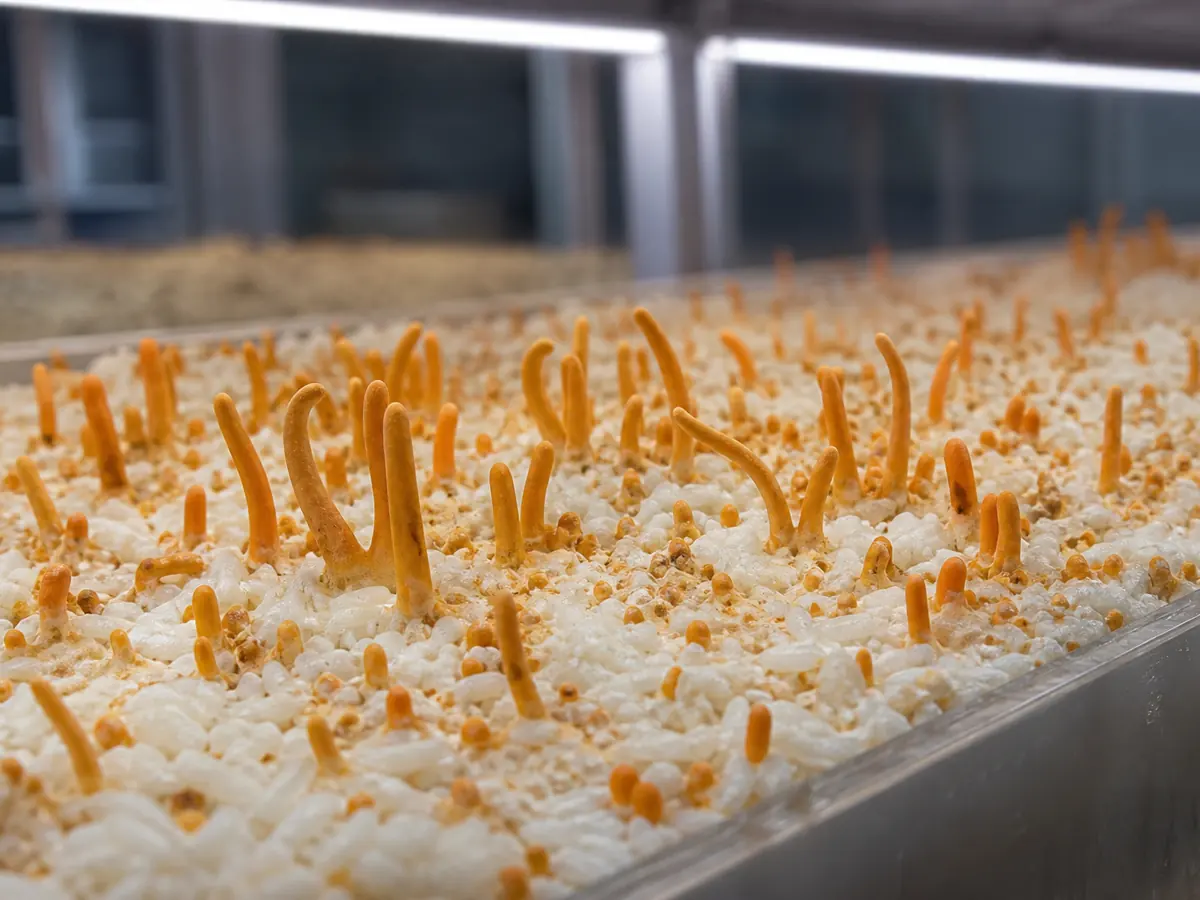 Orange Cordyceps militaris primordia forming after the light transition
