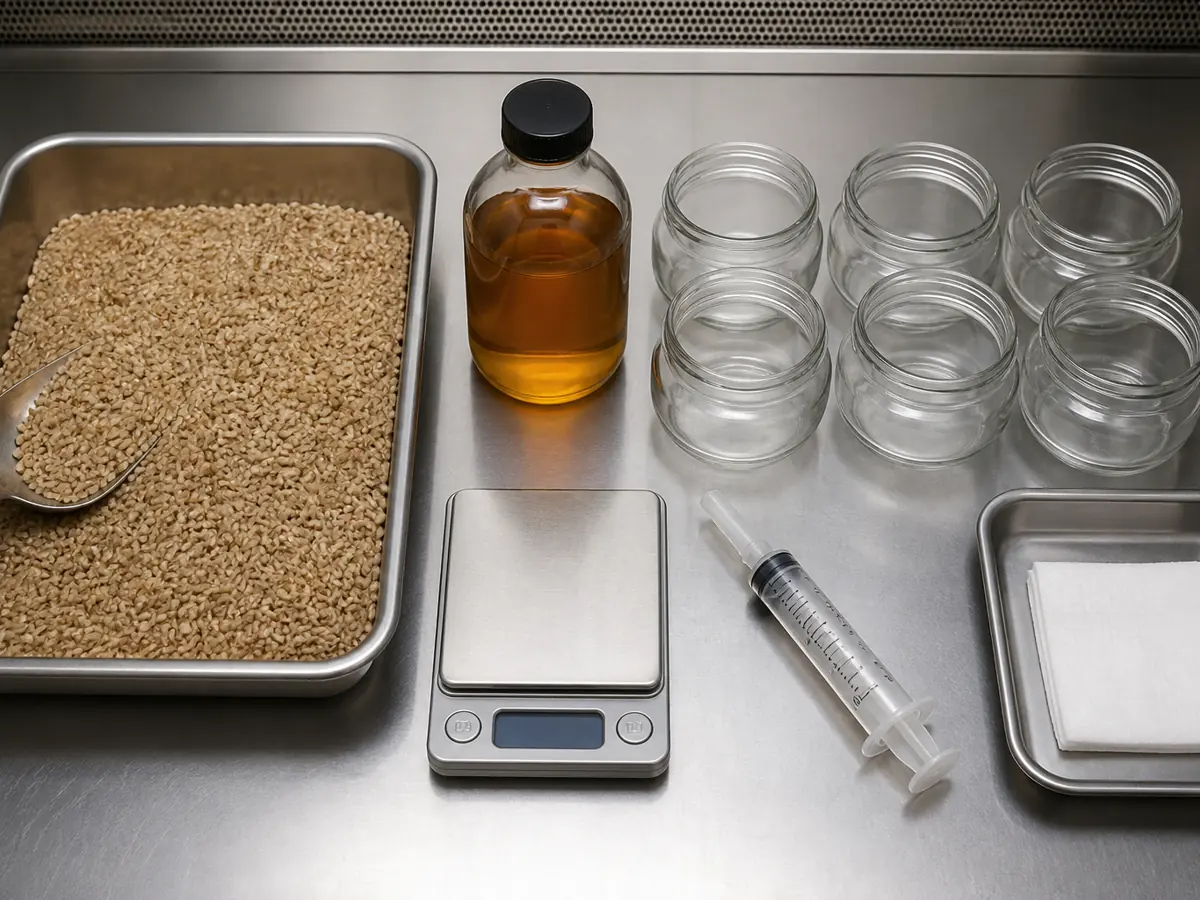 Measured brown rice and nutrient liquid prepared in shallow cordyceps jars