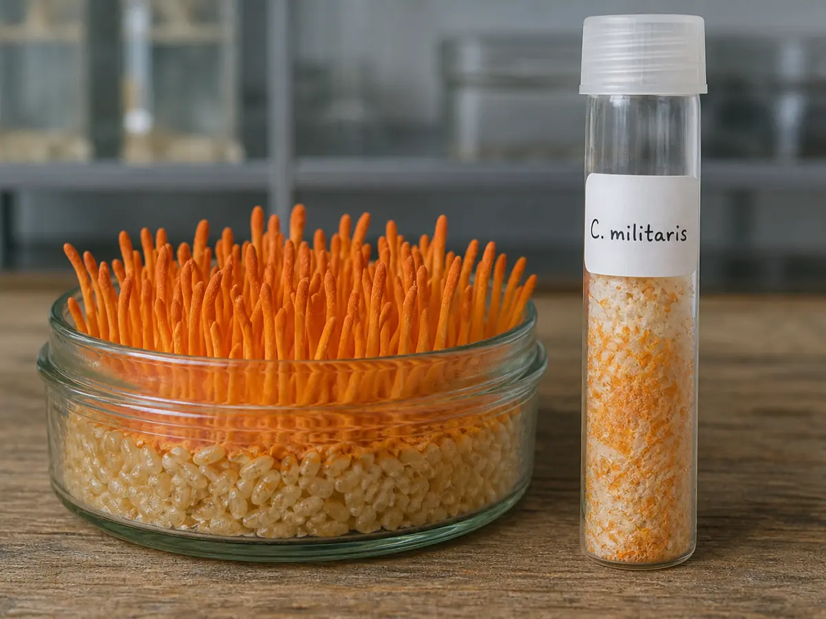 Labeled Cordyceps militaris culture beside a mature orange fruiting jar