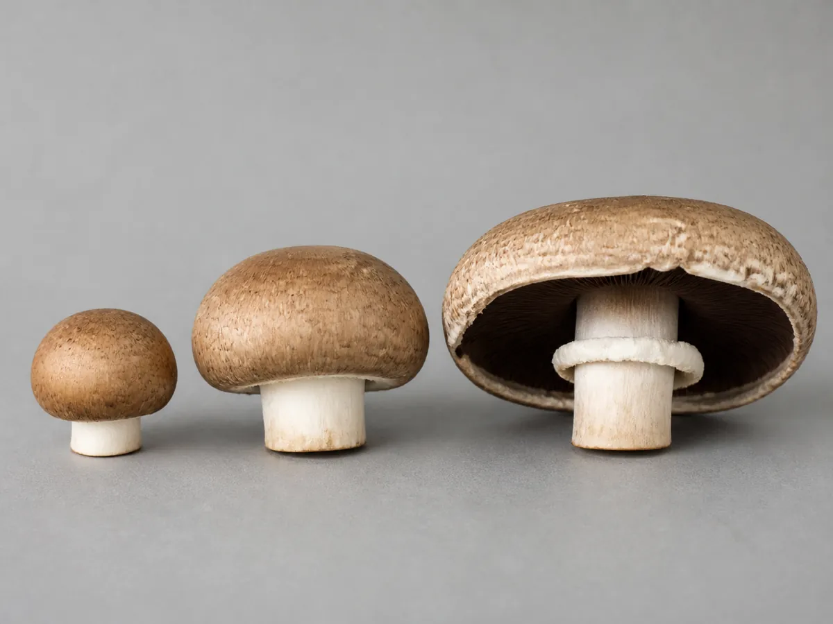 Brown Agaricus bisporus shown as a small button, closed cremini, and open portobello
