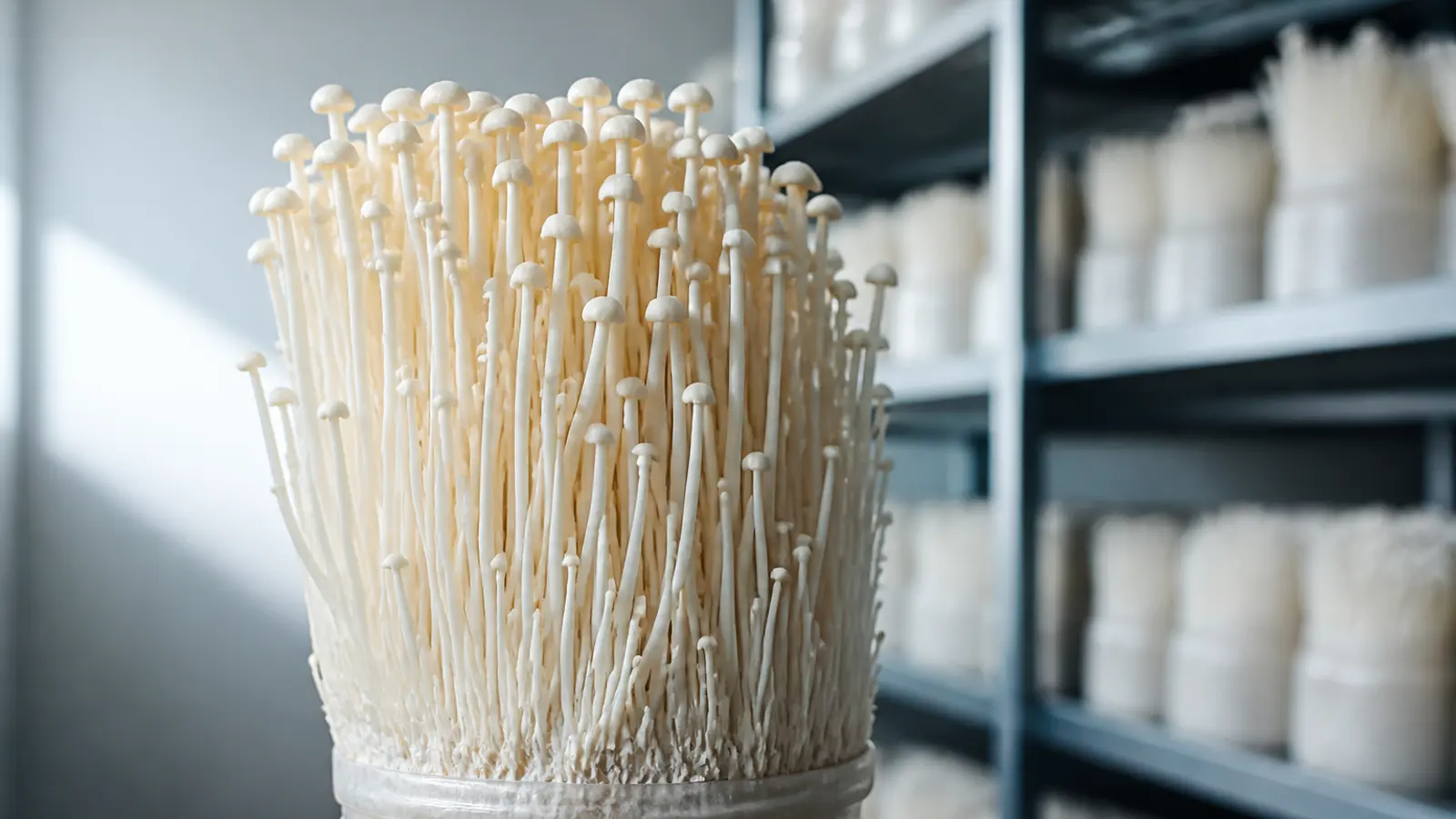 Cultivated Flammulina filiformis enoki cluster growing from a bottle - enoki | KnowTheSpore