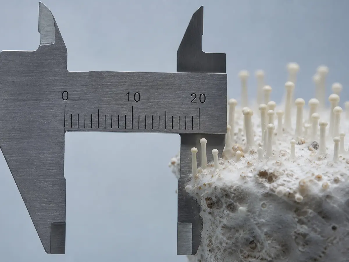 Early enoki pins beside a millimeter caliper