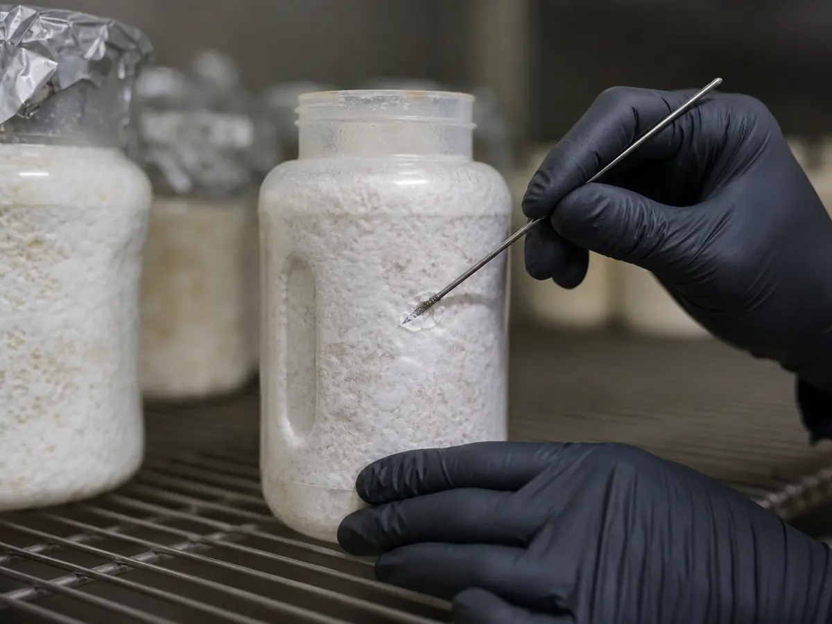 A gloved cultivator scratches the white surface of a colonized enoki bottle