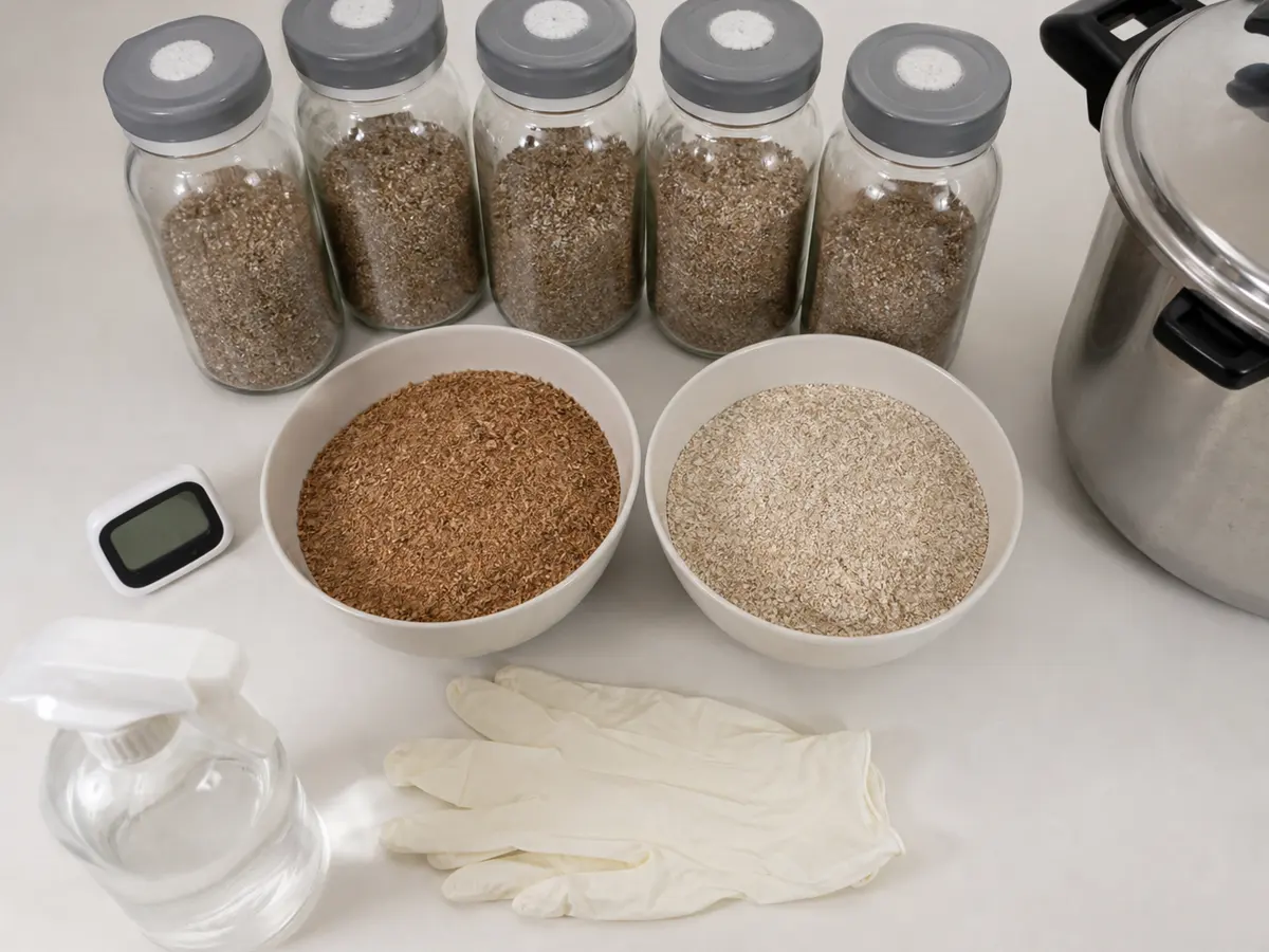 Bottles, substrate materials, pressure vessel, and hygiene tools for an enoki grow
