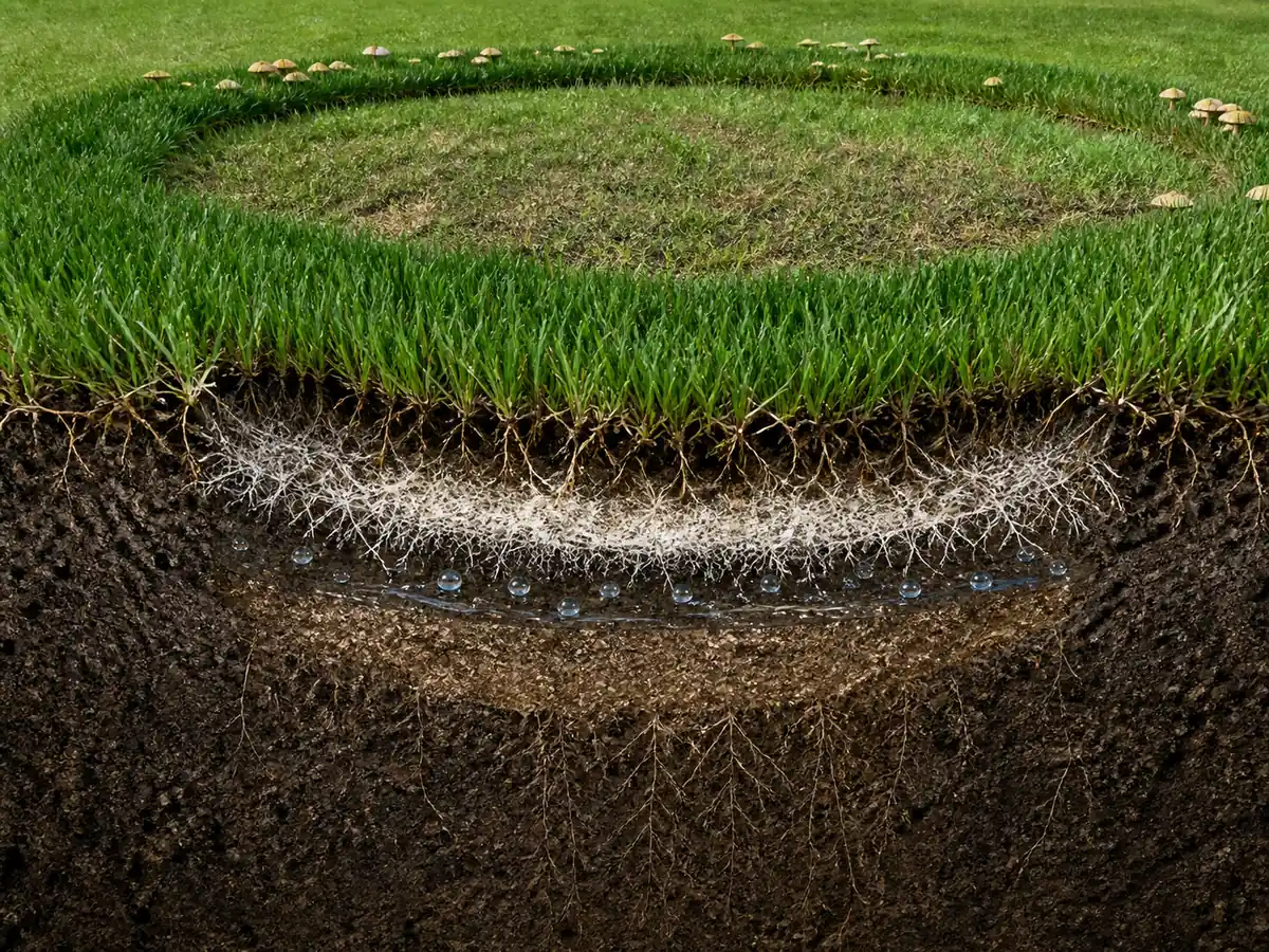 Turf and soil cutaway across a Type I fairy ring showing irrigation diverted around a dry root zone