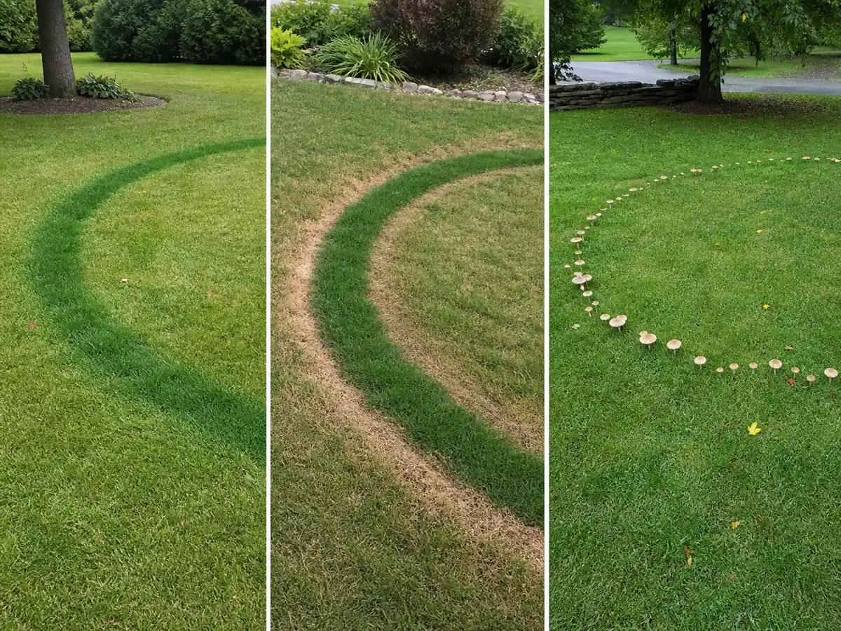 Three-panel lawn comparison of dead Type I turf, dark green Type II growth, and Type III mushrooms with healthy grass