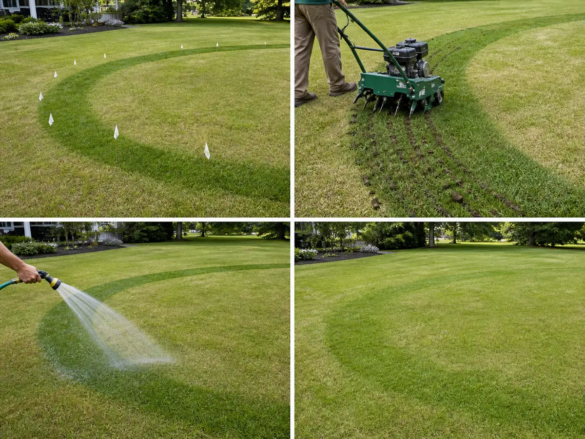Four-stage lawn treatment sequence marking a Type I arc, core aerating, slowly wetting, and checking root-zone moisture