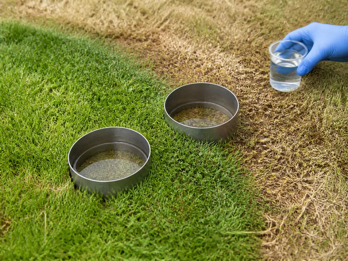 Paired overhead water test on fairy-ring soil and unaffected lawn using equal measured amounts
