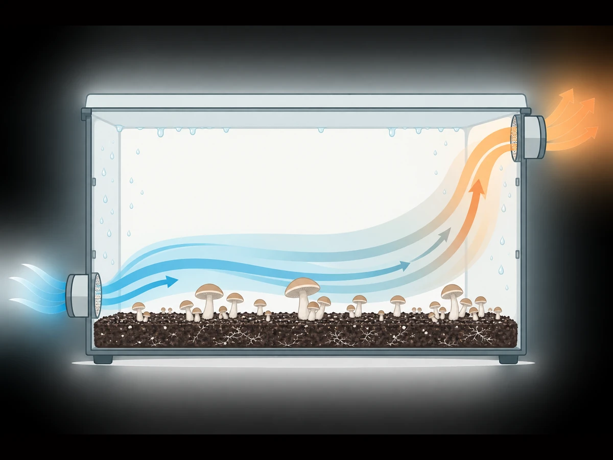 Cross-section diagram of a mushroom fruiting chamber with fresh air entering a low vent, stale air leaving a high vent, and arrows tracing the path over the substrate