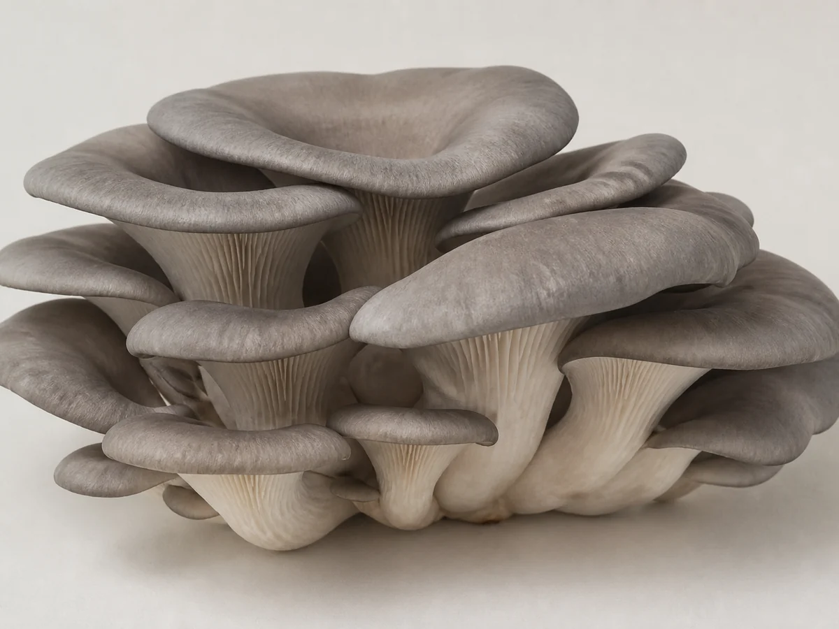 A dense cluster of gray oyster mushrooms with wide flat caps and short thick stems