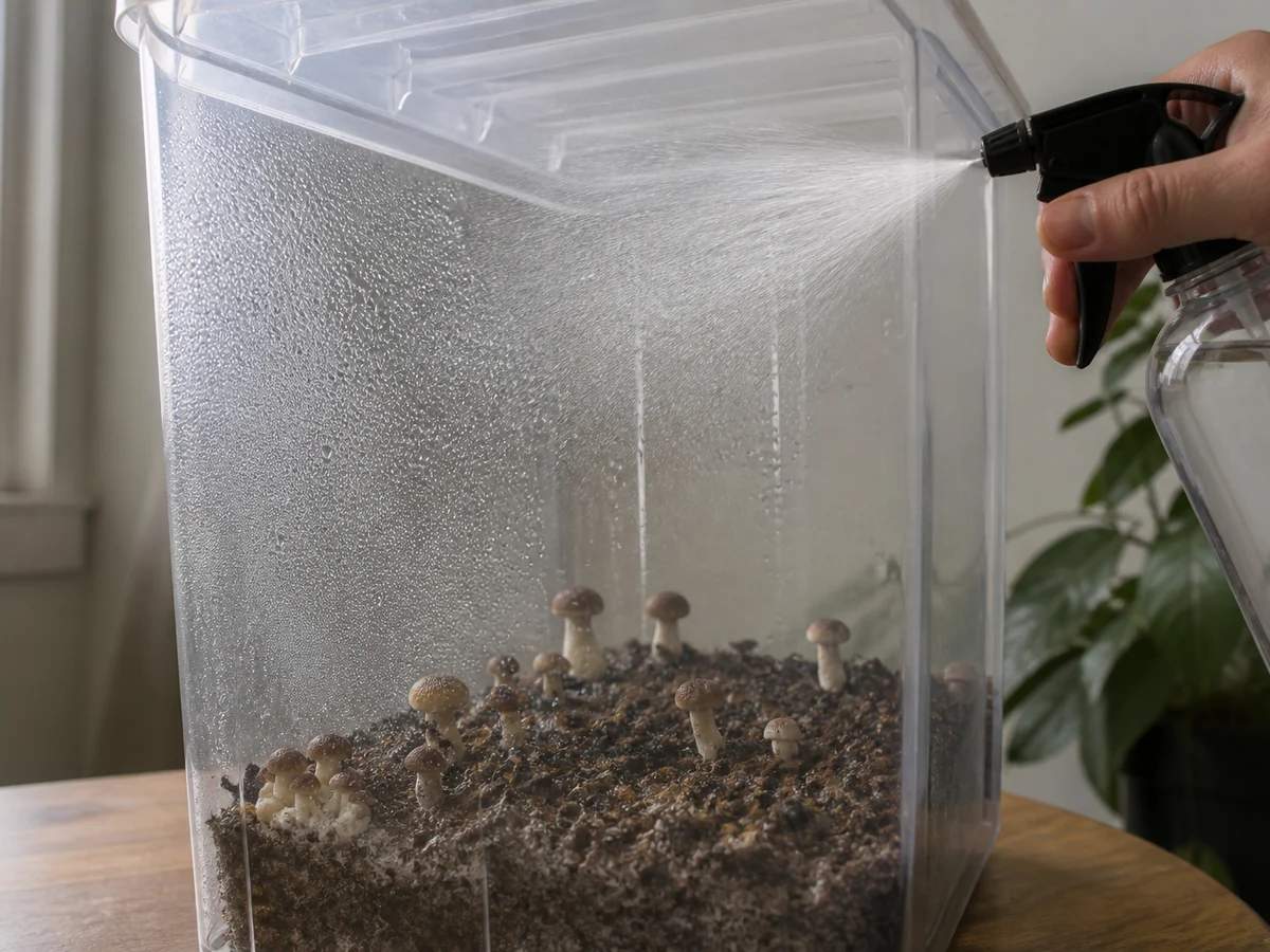 A spray bottle misting the inside wall of a clear plastic mushroom chamber, with water beading on the plastic and the mushrooms below untouched