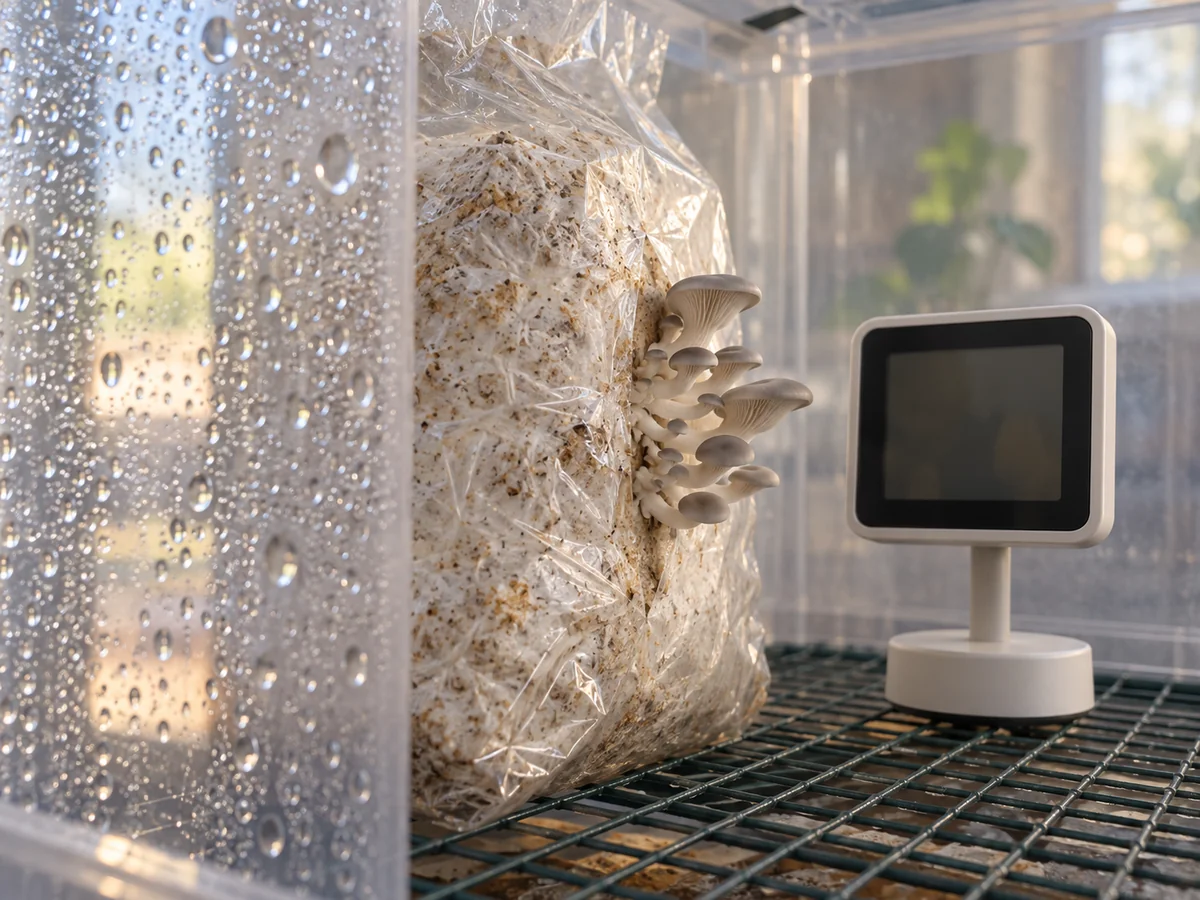 A humidity sensor positioned near small oyster clusters beside droplets on a clear chamber wall