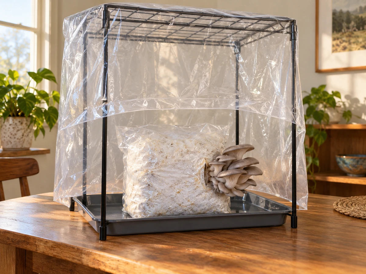 A bagged oyster block inside a wire frame with a clear cover held above the crop and an open lower edge