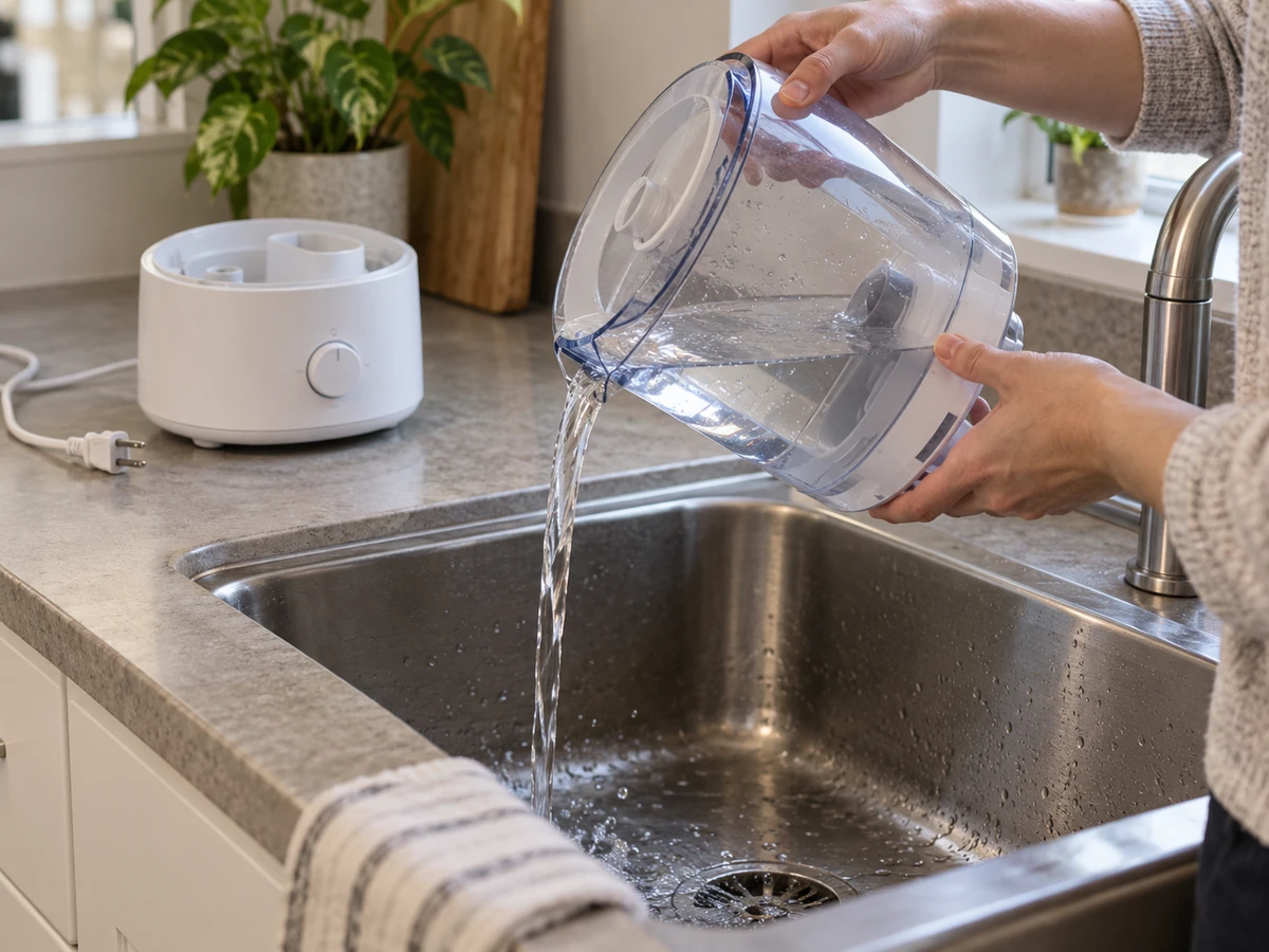 Hands emptying a detached humidifier reservoir into a sink with the dry unplugged base kept away from the water
