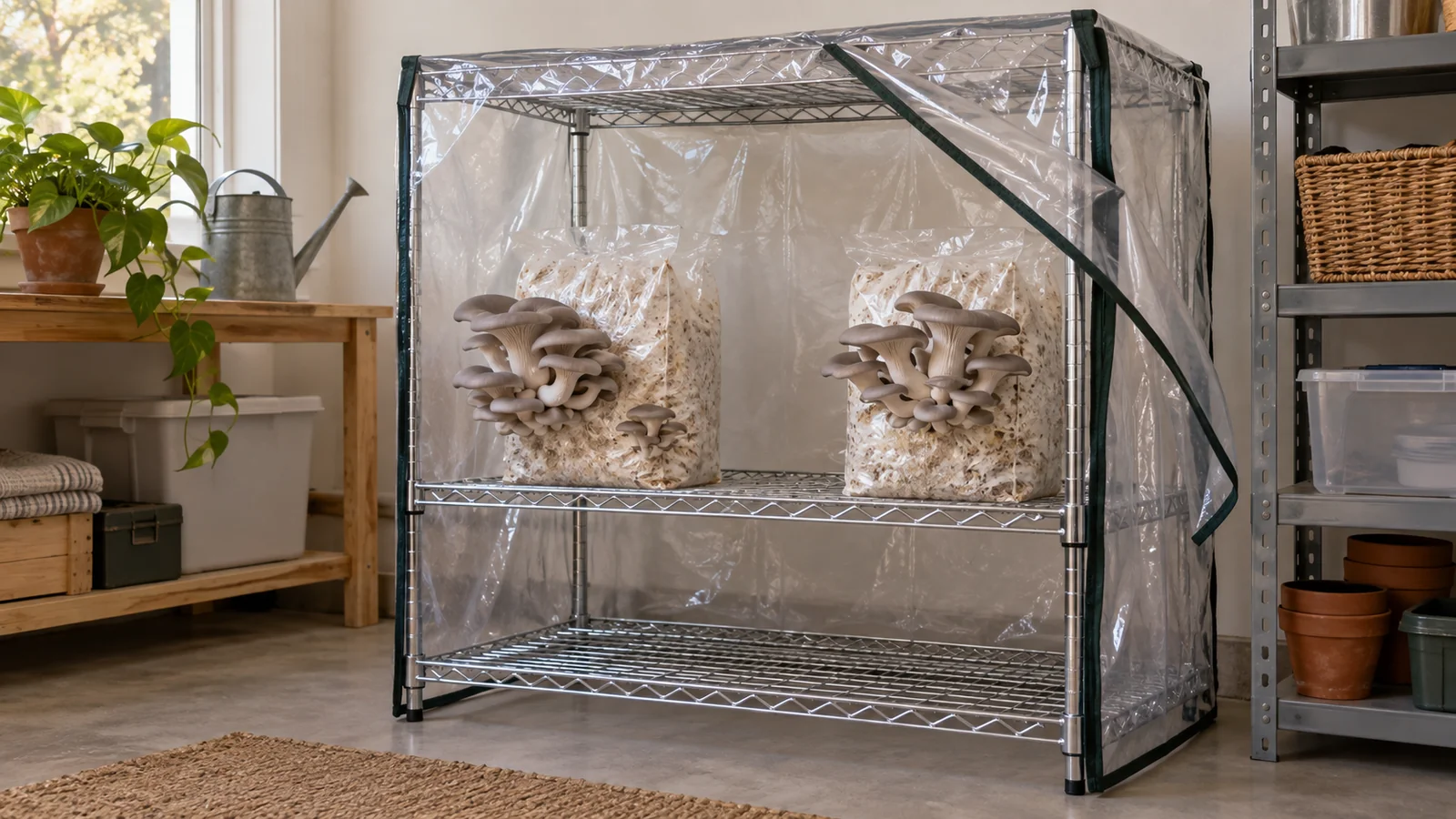 Bagged oyster blocks spaced on shelves inside a clear enclosure with an open ventilation gap and a dry surrounding floor