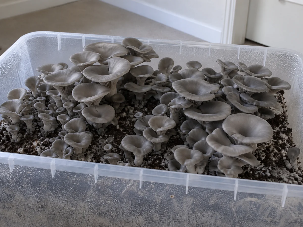 A clear plastic tub used as a mushroom fruiting chamber with the lid off, gray oyster mushrooms growing from the substrate inside and condensation on the walls