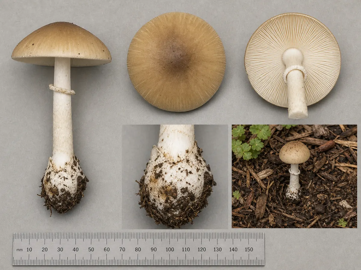 Intact unknown garden mushroom documented with cap, underside, full stem base, substrate context, and a ruler for scale