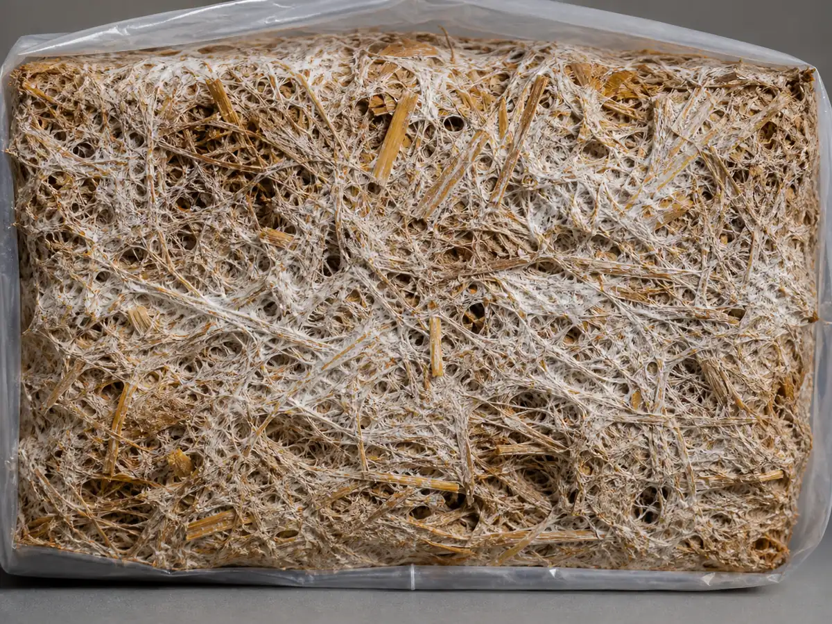 Cross-section of an airy golden oyster substrate block with connected white mycelium