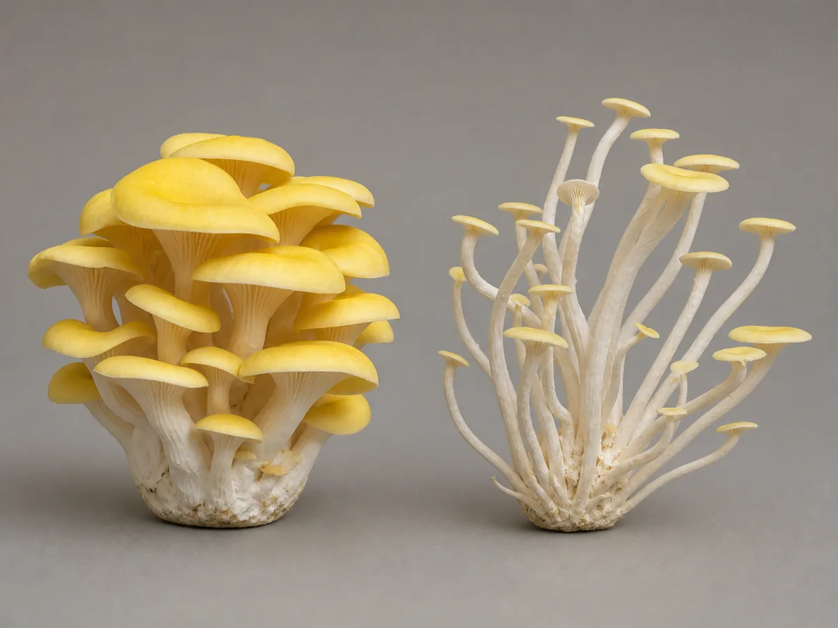 Compact yellow golden oyster cluster beside a pale stretched cluster