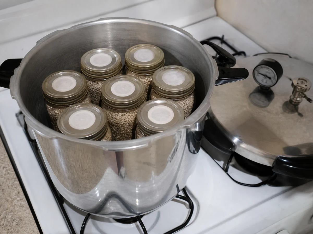 An open pressure canner on a stove loaded with glass jars of grain, with filter patches in the lids and a pressure gauge beside it