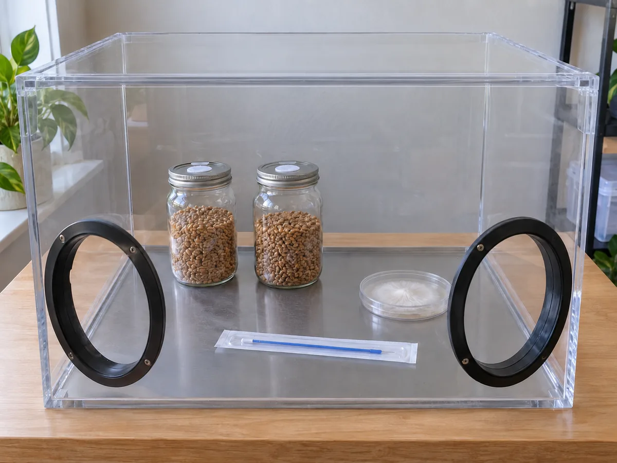 Still-air transfer box containing cooled grain jars, a closed culture plate and a packaged transfer tool