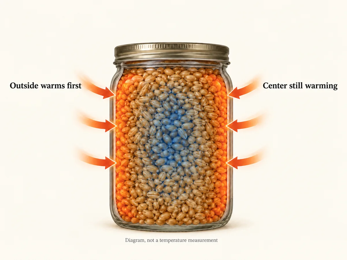 Cross-section of a grain container showing heat reaching the outside while the center is still warming