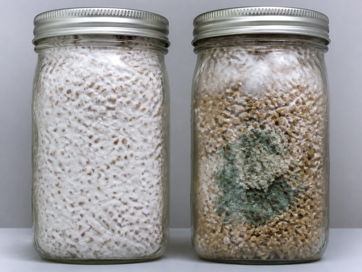 Two jars of grain side by side, the left fully colonized in dense white mycelium and the right showing a patch of blue green mold