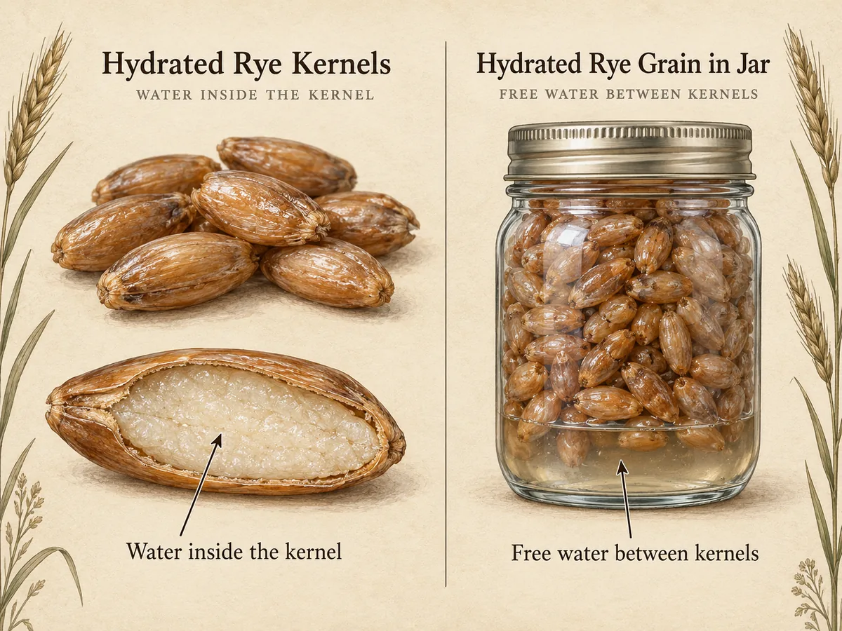 Diagram comparing water inside a hydrated grain kernel with free water pooled between kernels in a jar