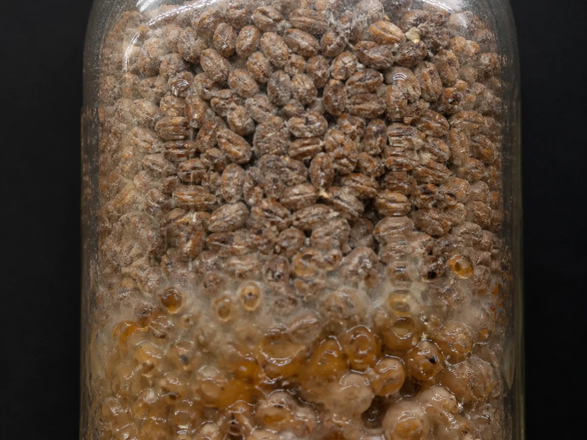 A jar of grain with dry grain at the top and a wet glossy amber layer of bacterial contamination soaking through the grain below it