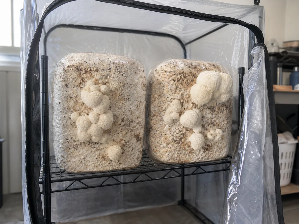 Lion's Mane blocks fruiting on a wire shelf inside a humidity tent with the front panel unzipped for air exchange