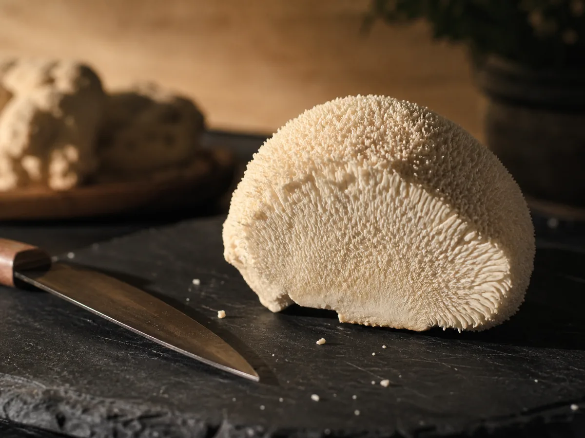 Harvest-ready Lion's Mane cut from its block, showing dense white spines under one centimetre long