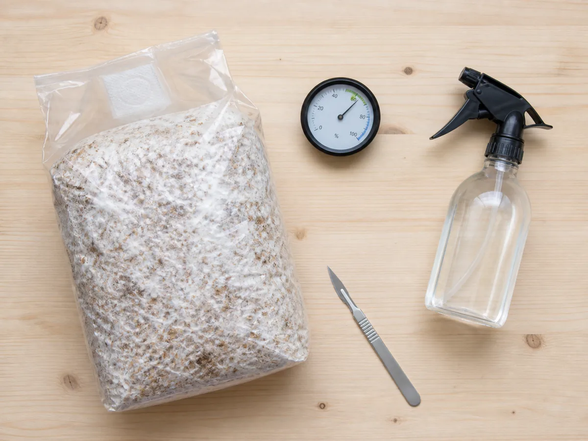 Home Lion's Mane growing setup with a colonised block, a hygrometer, a spray bottle and a clean blade laid out on a work surface