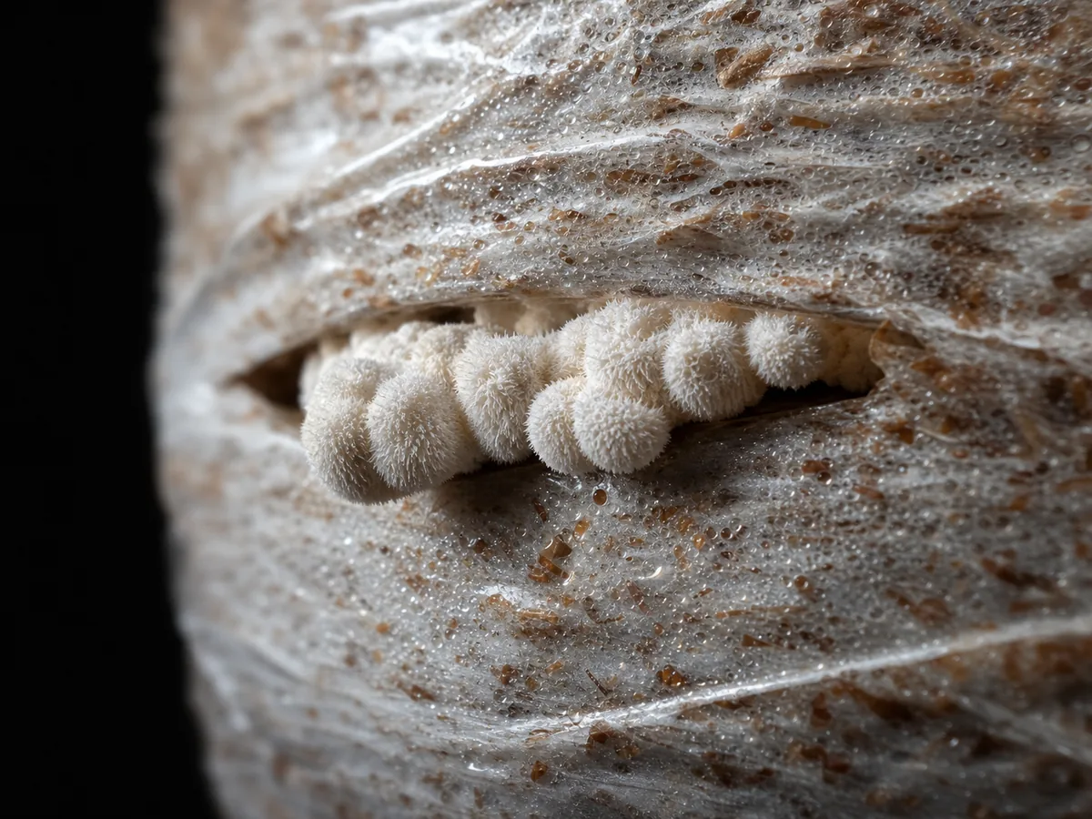 Small white Lion's Mane primordia emerging from a single slit cut in the side of a colonised block
