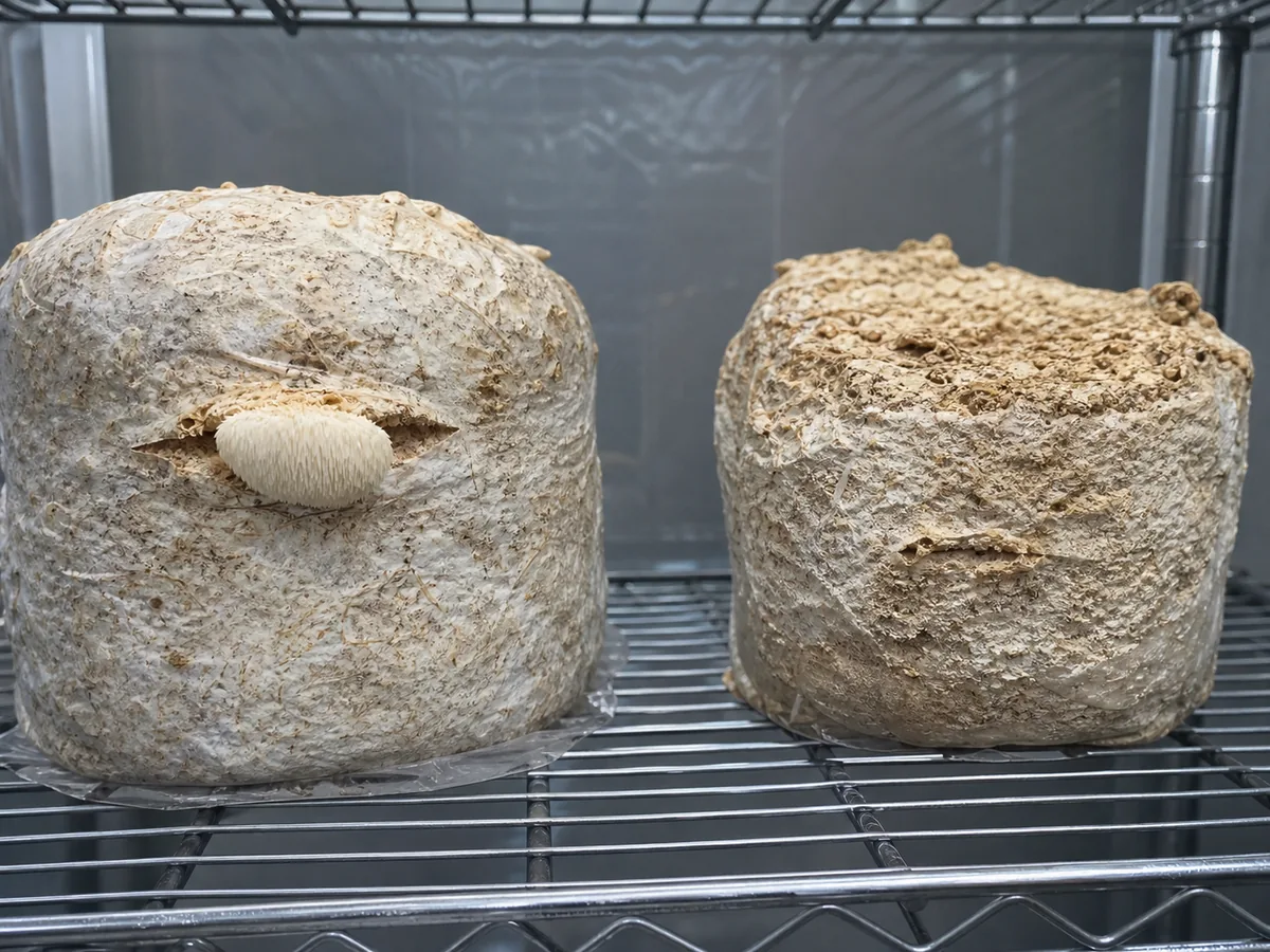 Lion's mane block with a small second-flush fruit beside an older dry exhausted block