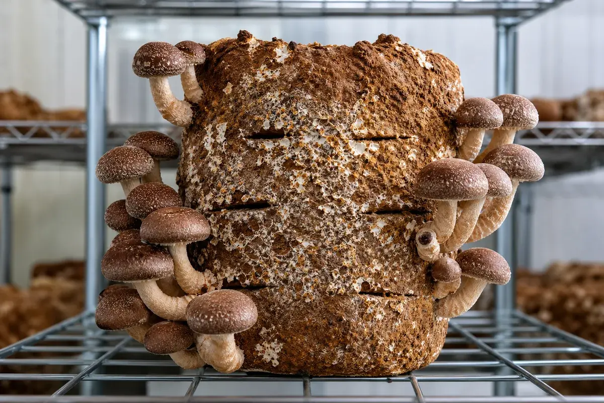 Shiitake mushrooms fruiting from a colonized sawdust block indoors - how to grow shiitake