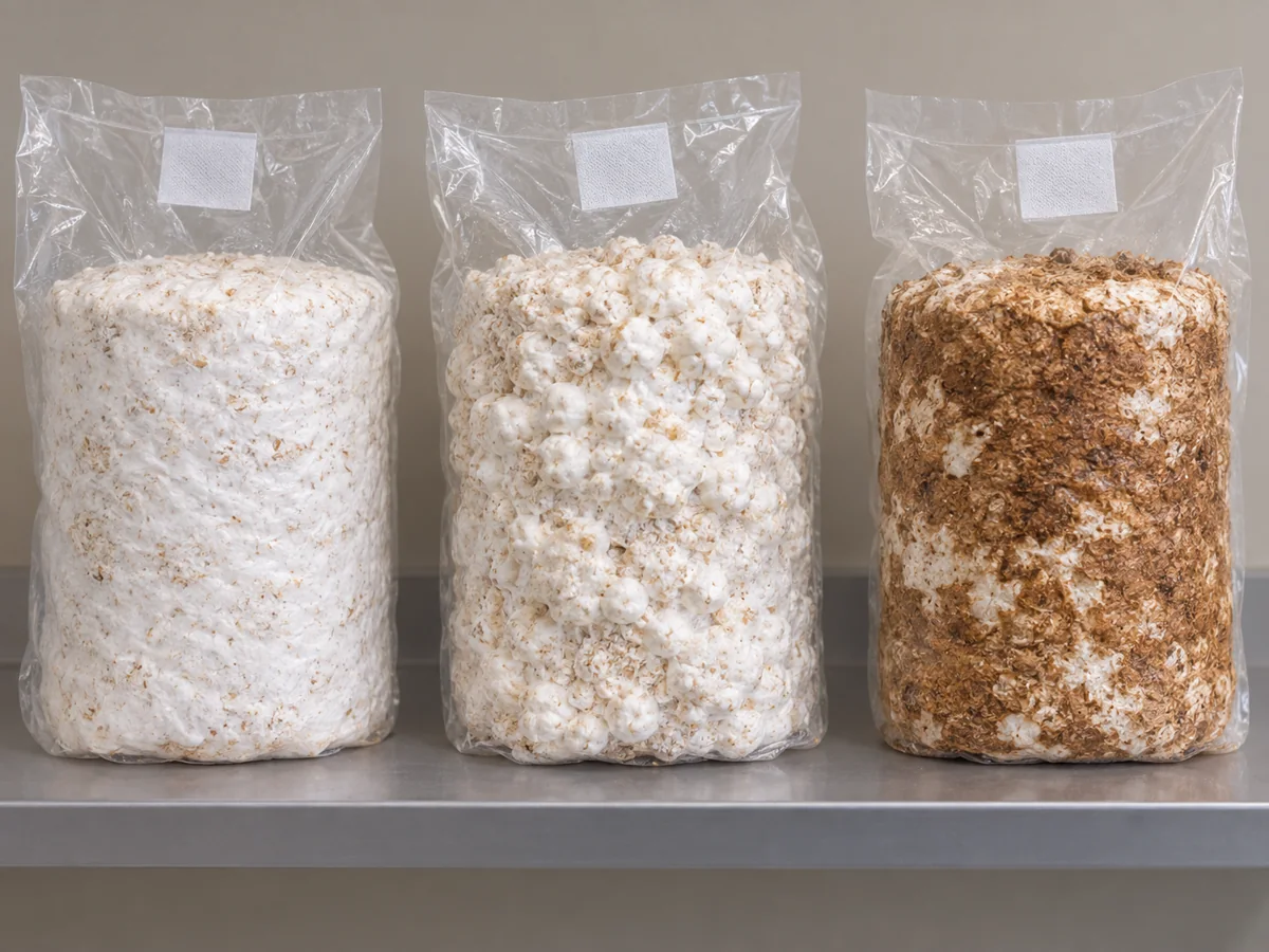 Three bagged shiitake blocks showing white colonization, knobbly popcorning and a predominantly brown surface