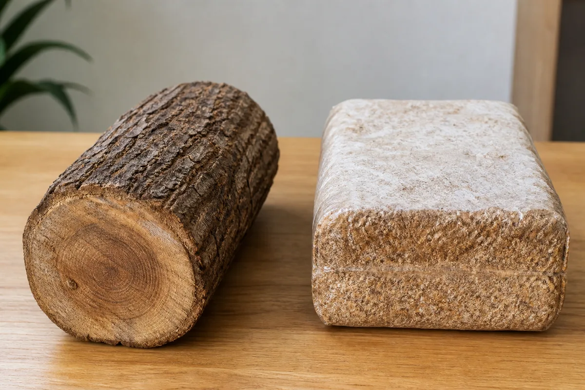 Hardwood log beside a sawdust grow block for shiitake cultivation - how to grow shiitake